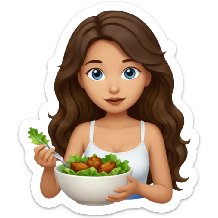 Girl with olive skin, blue eyes, brown dark insanely wavy long hair, white camisole eating a bowl of lettuce and chicken sticker