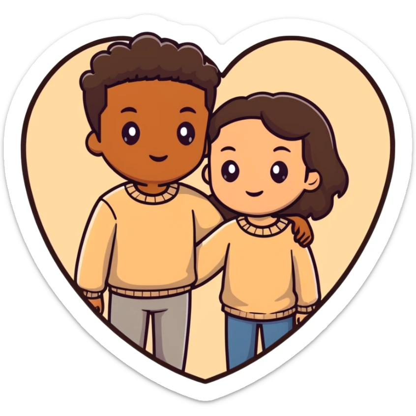 A couple with dark brown hair and mixed skin tone inside a white heart, wearing beige clothes sticker