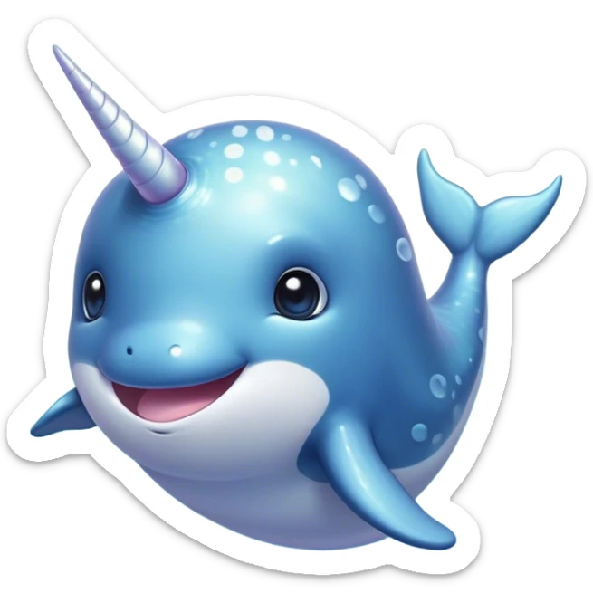 Cinematic Cute Cute Narwhal Portrait Emoji, Head tilted playfully and inquisitively, featuring a charming, sleek body with softly iridescent skin, a prominently spiraled tusk and large, twinkling eyes full of gentle wonder, Simplified yet irresistibly adorable features, highly detailed, glowing with a warm, inviting ocean glow, high shine, affectionate and lively, stylized with a touch of magical sea whimsy, soft glowing outline, capturing the essence of a mischievous yet endearing cute narwhal that seems as if it could frolic out of the screen into your heart! sticker
