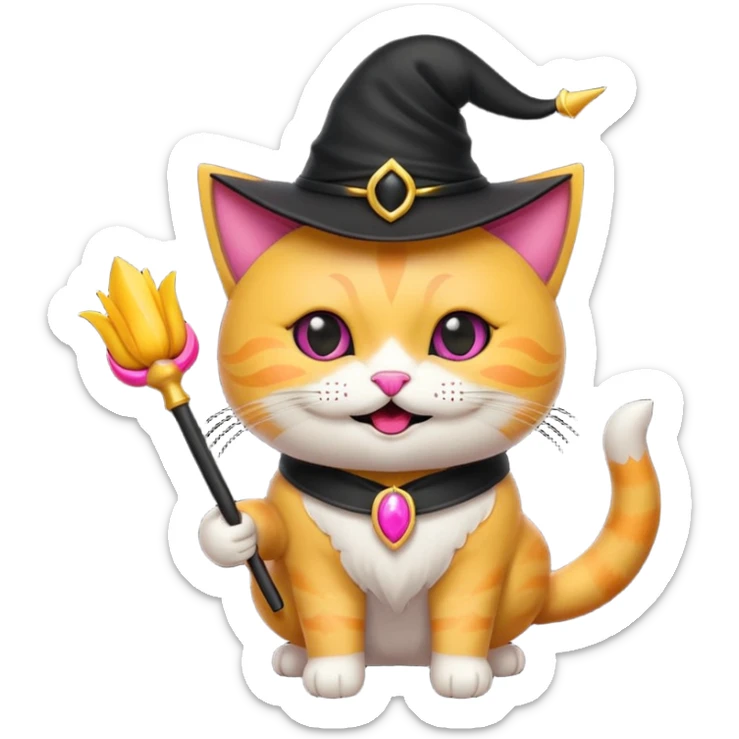 Gotito negro con ojos amarillo sonriendo feliz con los bigotes largos y disfraz de bruja de color rosa el disfraz con varita sticker
