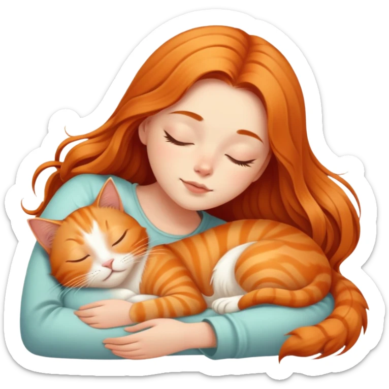Generate a picture of a beautiful girl with long hair sleeping with a ginger cat sticker