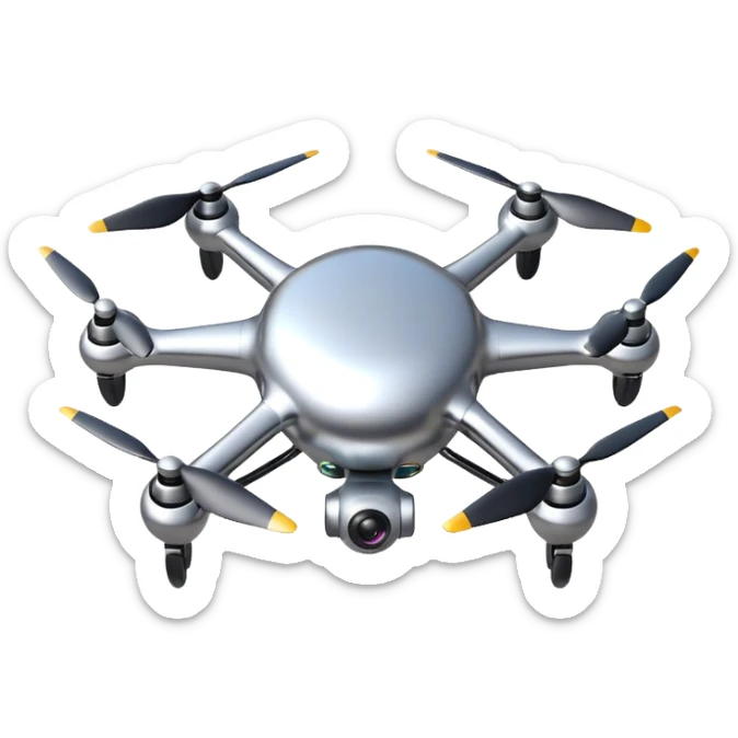 A futuristic drone emoji made of polished silver chrome, smooth rounded body, minimal propellers, reflective metallic surface, soft studio lighting, iOS emoji style, centered, clean white background sticker
