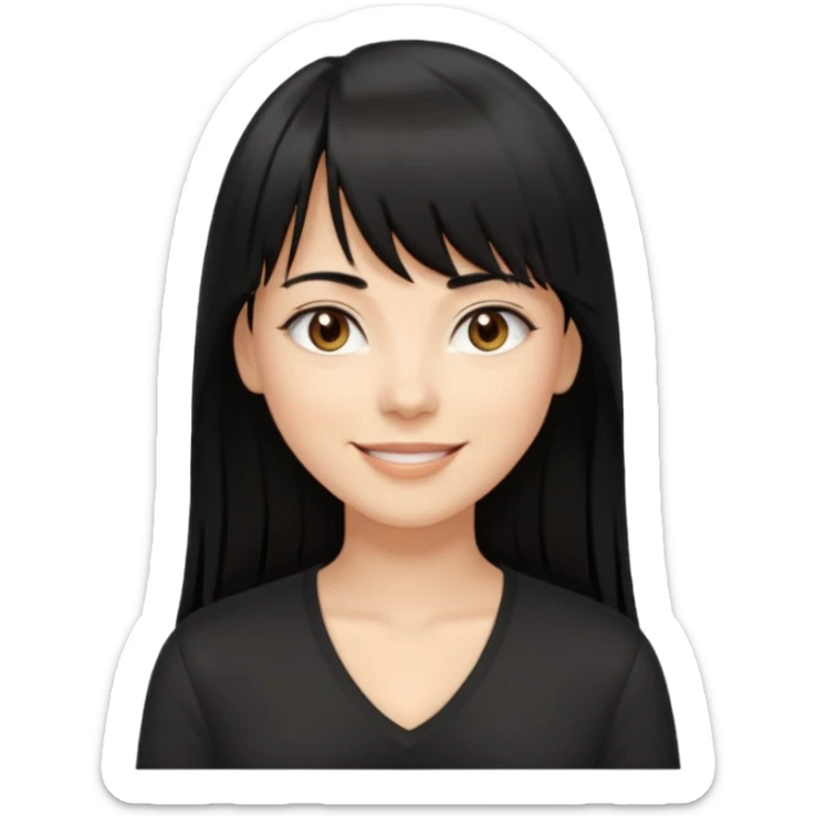 A white woman with Long straight hair with bangs, black hair, brown eyes and a black low-cut shirt smiling sticker