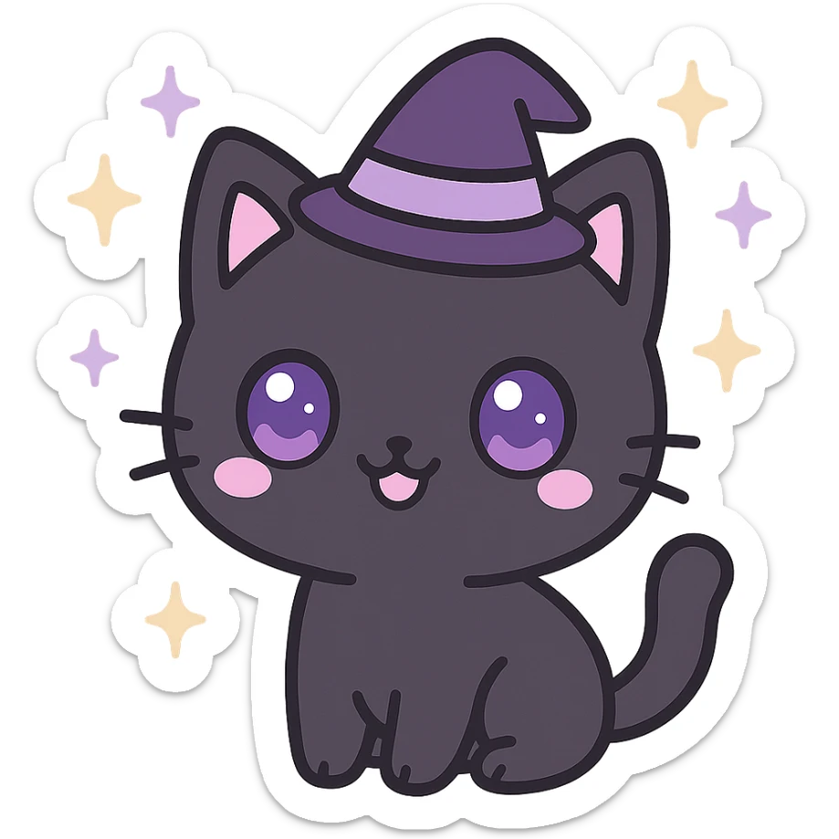 kawaii style magical gothic cat, cute face, black fur, purple eyes, wearing a tiny witch hat, sparkling stars, playful and enchanting sticker