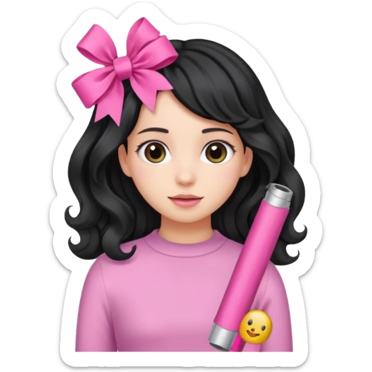 Girl with black wavy not so long hair and a ribbon hair clip make it look like wearing a pink tube sticker