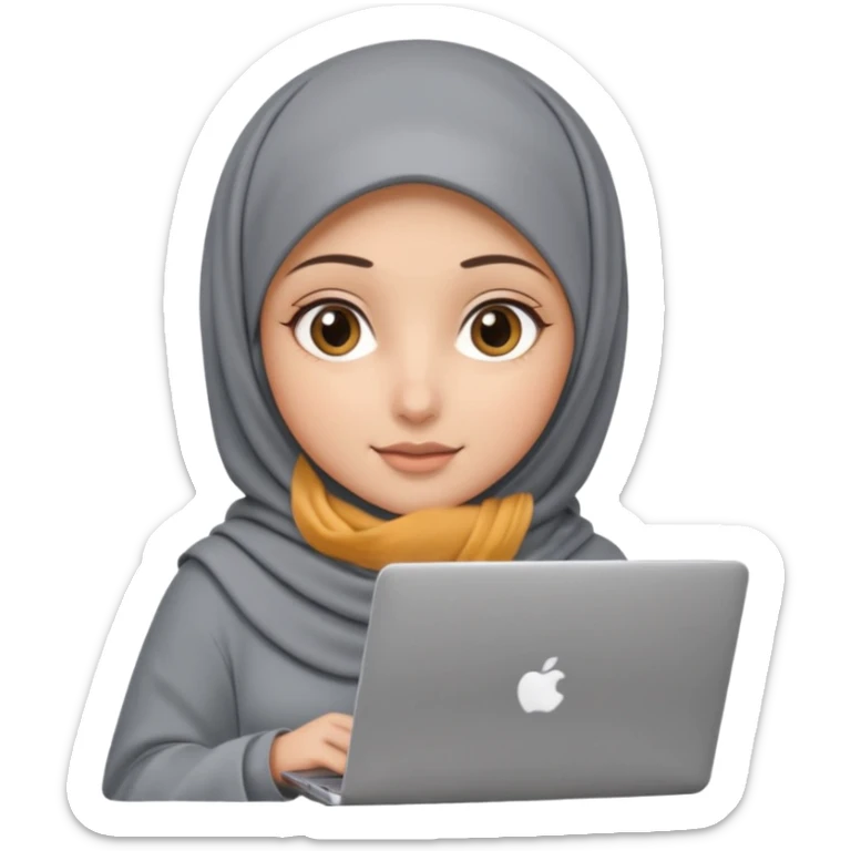 A girl wearing a gray hijab and with hazel eyes is carrying a laptop, not a laptop, just a regular laptop. Not mat bock  sticker