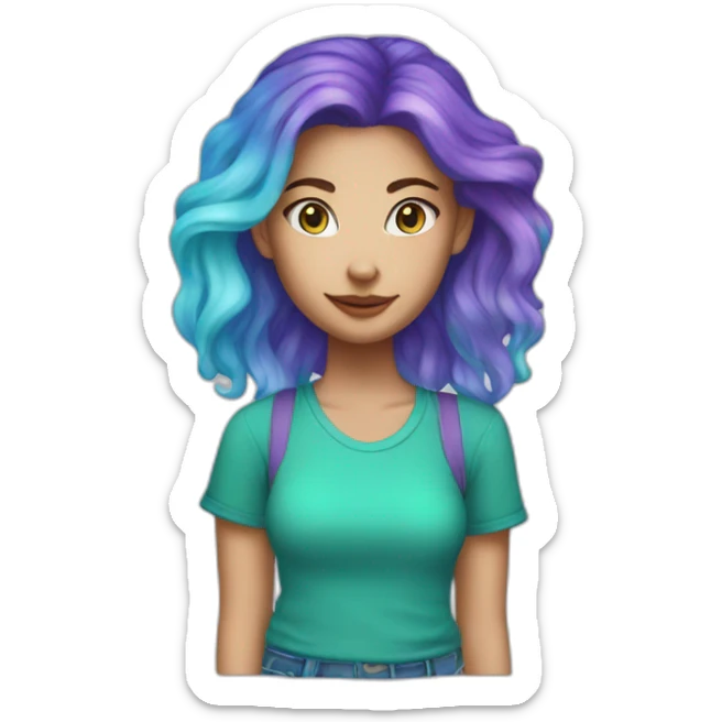 white girl with purple hair and cat ears and a blue-green tye dye shirt sticker