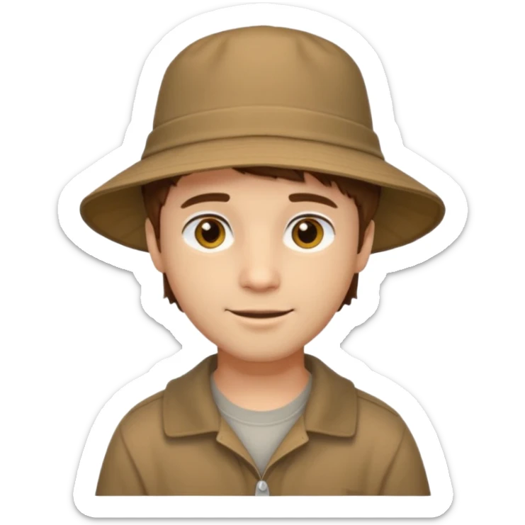 A light-skinned man with short brown hair, golden-brown eyes, and a soft smile, wearing a wide-brimmed brown bucket hat. sticker