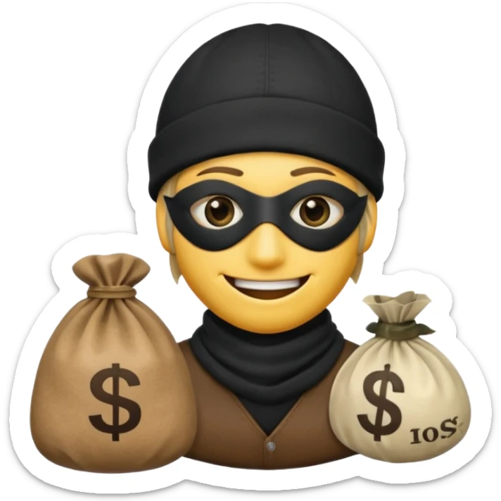 smiley robber wears black eye mask and black beanies with one money bag beside him sticker