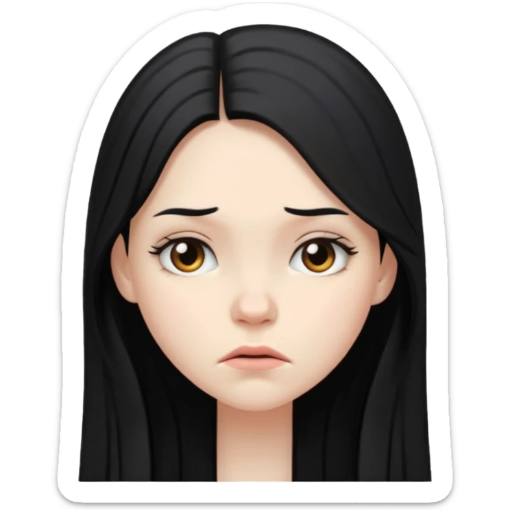 pale girl with long black hair, frowning sticker