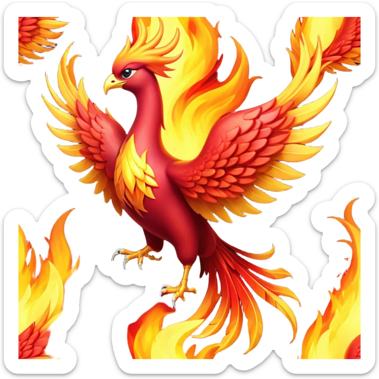 Cinematic Noble Mystical Fire Phoenix Portrait Emoji, Poised and resplendent, with a radiant, fiery plumage in brilliant hues of scarlet, gold, and ember, featuring elongated, elegant tail feathers that flow like molten lava, and piercing, wise eyes reflecting the eternal cycle of rebirth; rendered with lifelike texture and luminous natural highlights, high shine, majestic and awe-inspiring, styled with an aura of mythic resurgence, focused and regal, soft glowing outline, capturing the essence of a legendary phoenix rising from the flames with timeless grace! sticker