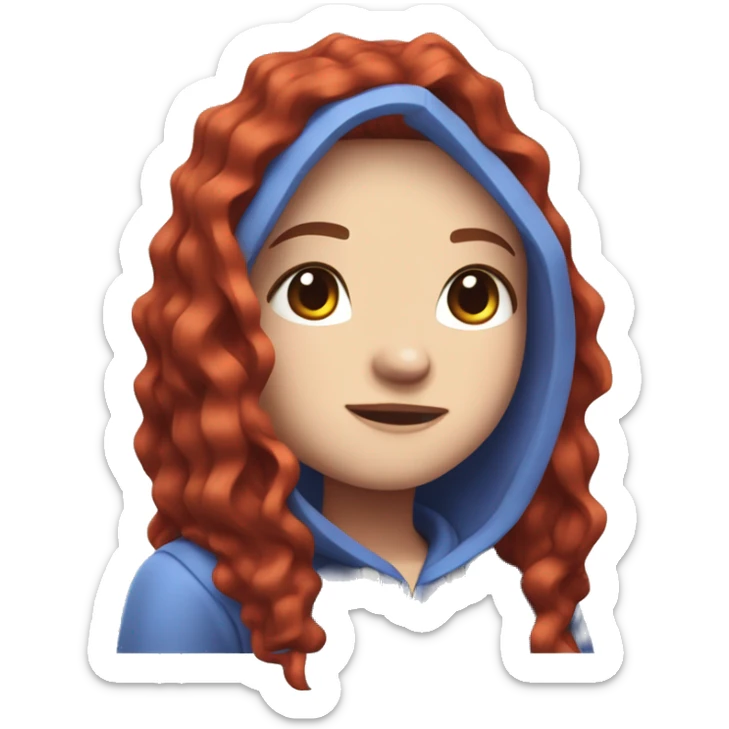 a white girl with long red curly hair, wearing periwinkle Minecraft hoodie playing a videogame sticker
