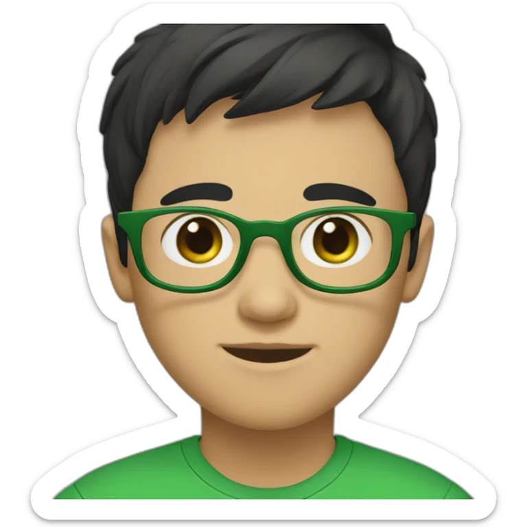 boy with green eyes, glasses, with black short hair, with green t-shirt sticker