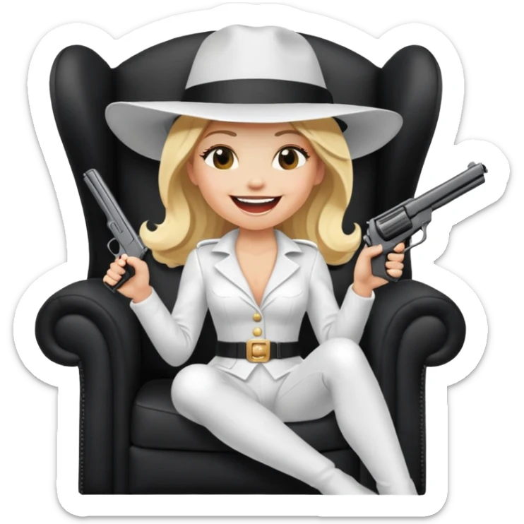 Mafia blondes Laughter lol woman in hat , gun ,black armchair , white costume  sticker