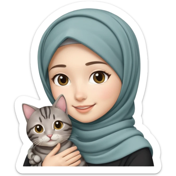 Asian white girl wearing pretty hijab holding a black grey tabby cat with smiling sticker