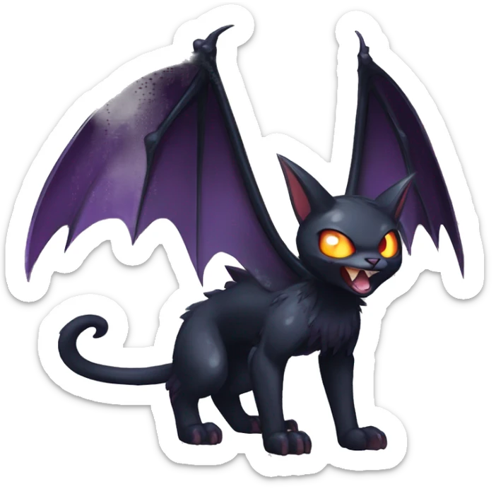   cool edgy beautiful shiny fantasy anime-style dark animal vampiric Nargacuga-cat-hybrid Fakemon with big fangs and bat-wing-ears full body sticker