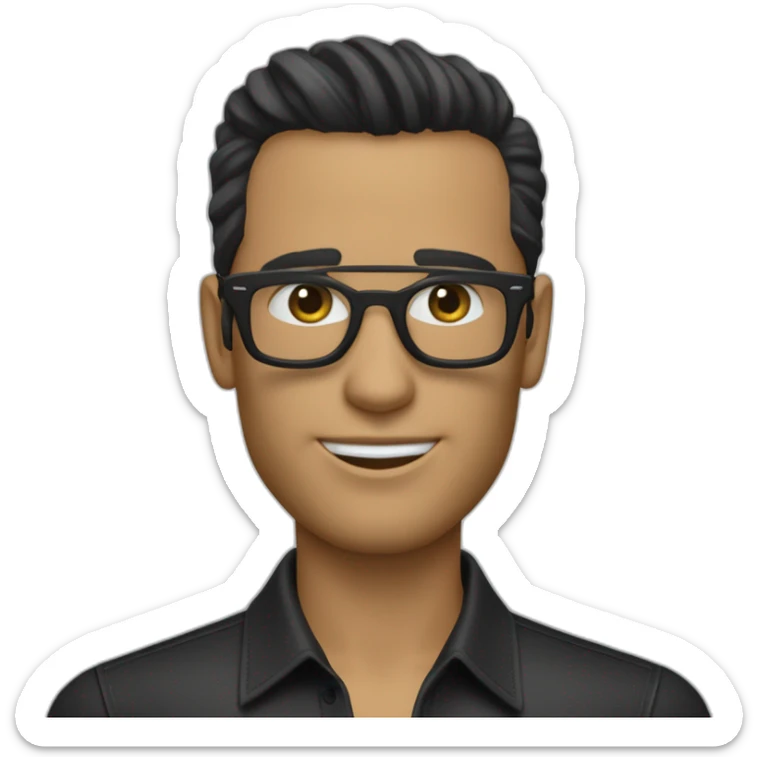 Creame un emoji de un hombre con el pelo negro y gafas, que tenga una camisa cuello redondo con unas letras que digan HUGO BOSS sticker