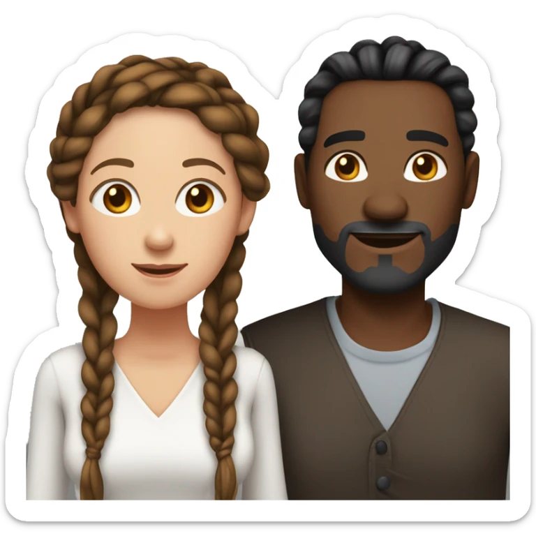 Woman and man couple, in their 40's, woman is medium dark black complexion, her hair is long black twisted braids, man is fair skinned white male with reddish hair that's medium length sticker