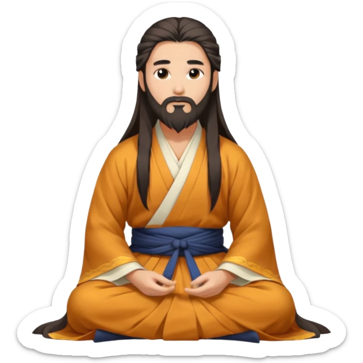 Beautiful man with lightly tan skin and dark long beard, long hair, in Hanfu sitting on the ground sticker