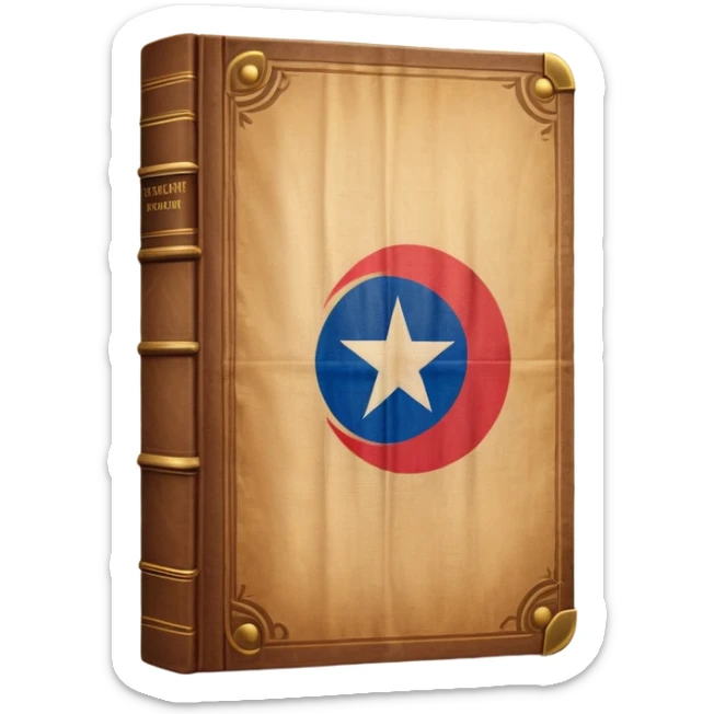 Ancient book with Puerto Rican flag on leather cover, theater curtain symbol carved in wood, warm vintage parchment textures, soft golden glow representing timelessness and theatrical heritage sticker