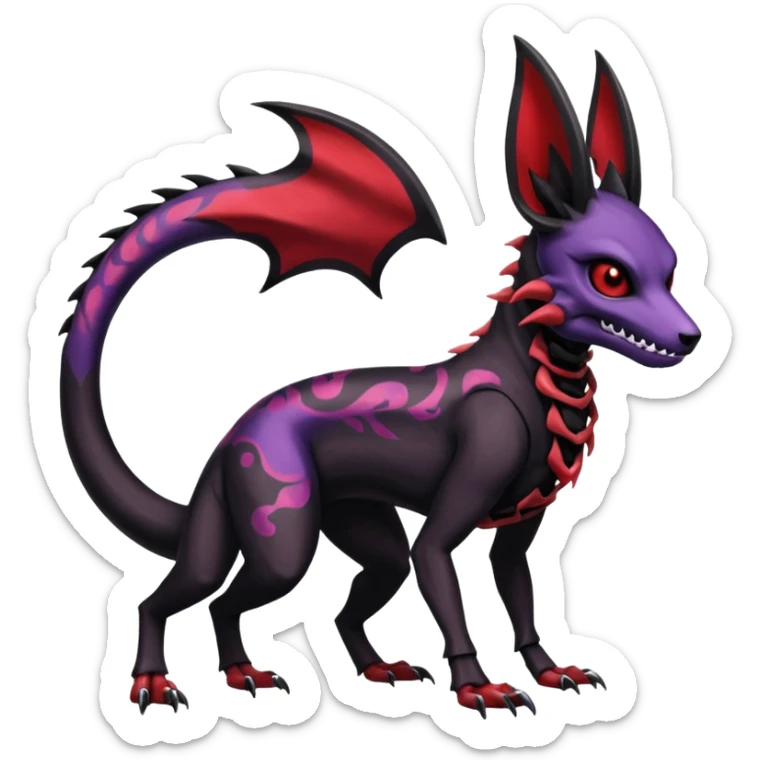 Gothic Black red purple Scaley Exotic Salandit-Umbreon-Houndoom-Fakémon-hybrid-creature (full body), 4 legs, skull face mask sticker