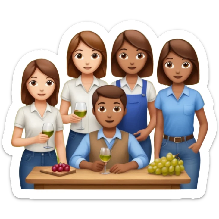 Make a photo of 5 project managers, specifically 3 girls with brown hair and 2 boys, that are making project for improvement of the winery sticker