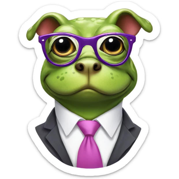 Frog wearing pink glasses with a dog wearing a purple tie sticker