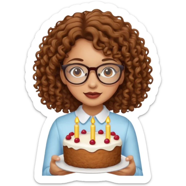 Tanned girl with brown curly hair wearing glasses with a cake  sticker