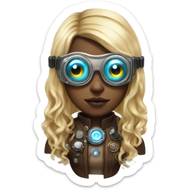Brown long hair with blonde steaks female cyborg head, fair skin, steampunk goggles and circuits sticker