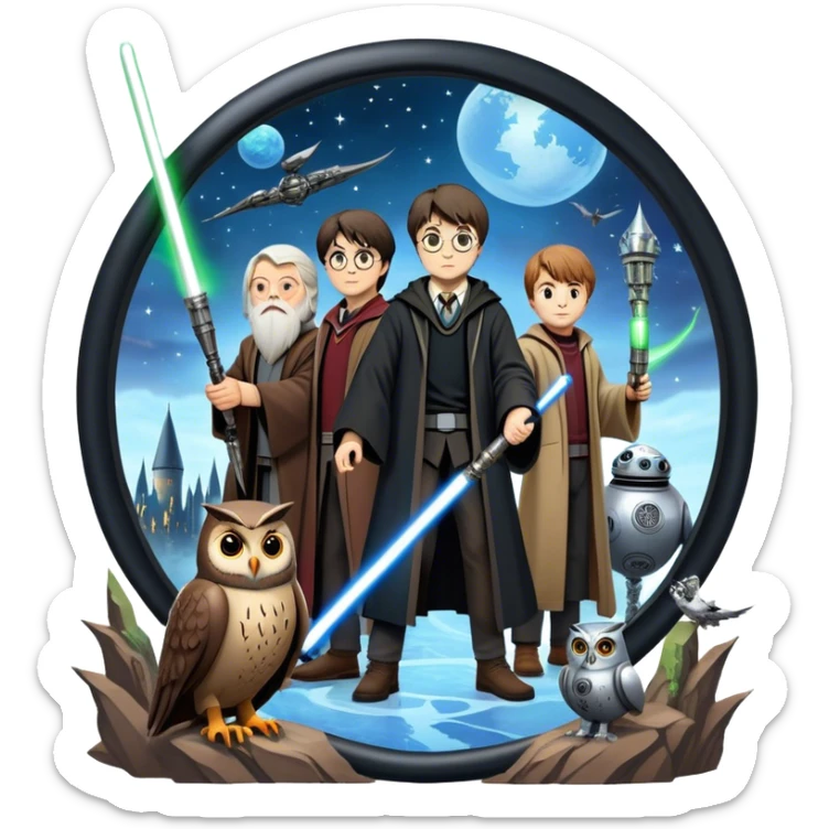 Icon for Fantasy and Sci-Fi Movies: Collage featuring Harry Potter with his wand, Dumbledore. Luke Skywalker with a lightsaber and futuristic robots. Background with a magical planet, Hogwarts, flying owls and spaceships. Epic and magical atmosphere. Transparent background. sticker