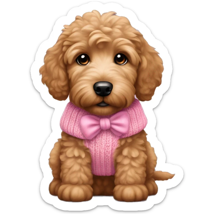 Little brown golden doodle puppy wearing a pink sweater and bunk bow in ears sticker