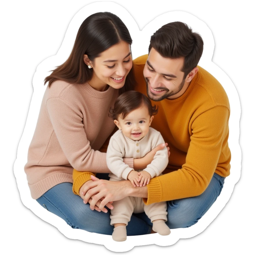 family photo showing a diverse family with two adults and a child smiling together, realistic skin, hair, and clothing textures, skeuomorphism style sticker