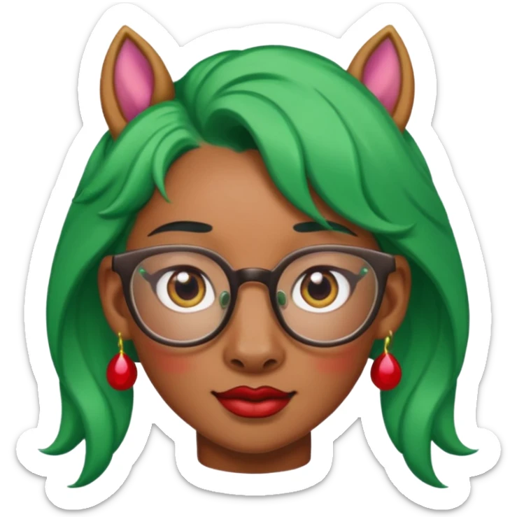 unicorn with green hair and big red earrings looking into camera and spectacle sticker