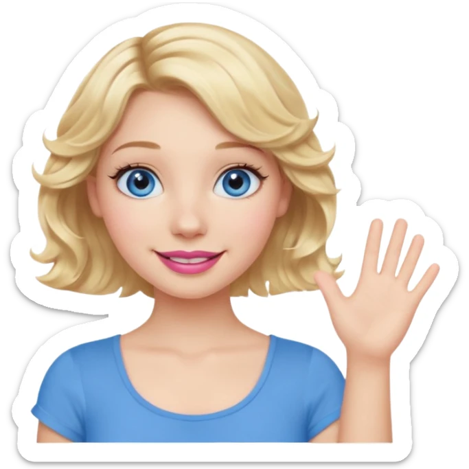 Girl Blonde short wavy hair,  blue eyes, cute blue top, long lashes, pink lips, smiling, waving hello  sticker