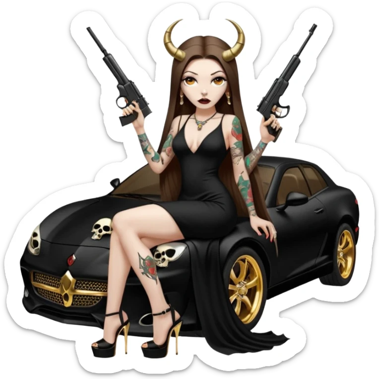 Sensual woman long brown straight haired sexy drug lord woman with tattoos on arm sleeves and black thick butt platform high heels on her feet, and devil black horns on her head, she is holding a skull head and a gun. Sitting on gold car full of gold , long black dress with sexy slit sticker
