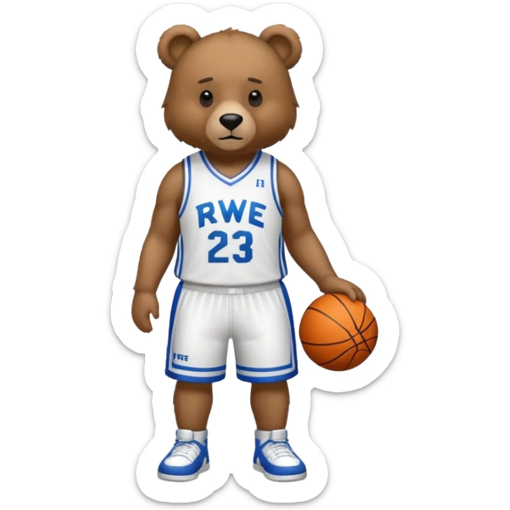 Bear with full body and wearing basketball white  jersey that says RWE  sticker