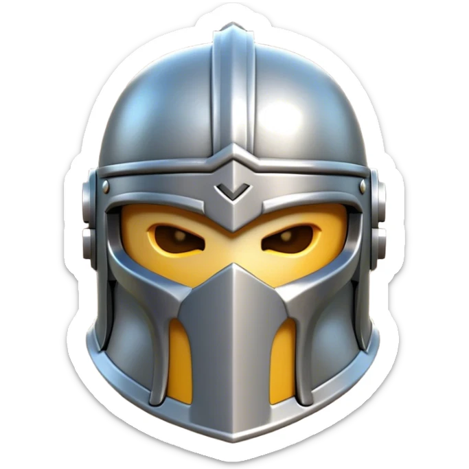 Clash of Clans aesthetic: Cinematic Playful Steel Helm Emoji, rendered in a 3D vector-style similar to standard emojis with minimal shading and bold, simplified shapes. A compact, isometric helmet crafted of shining steel with intricate engravings and a protective visor, softly glowing with a noble warrior charm. Simplified yet unmistakably iconic, highly detailed and consistent, glowing with a soft radiant gleam and high polish. Stylized with a touch of chivalric tradition and a soft glowing outline, capturing the essence of a stalwart battle helm with a friendly, playful manner! sticker