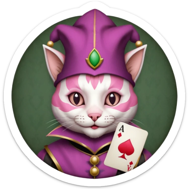 court jester cat medieval, single poker card joker clearly visible, pink, face only, round badge, court jester cap sticker