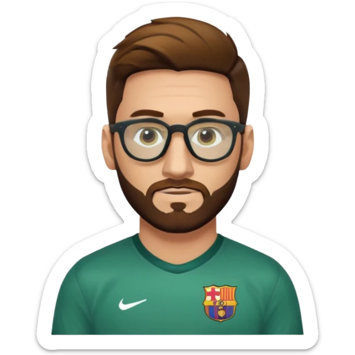 Un hombre castaño con el pelo como el de messi con barba peliroja con ojos de color miel ropa floja camisa verde y con lentes de sol sticker