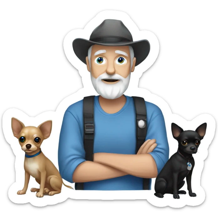 Blue eye Old man with goatee beard ball cap holding black Chihuahua long hair sticker