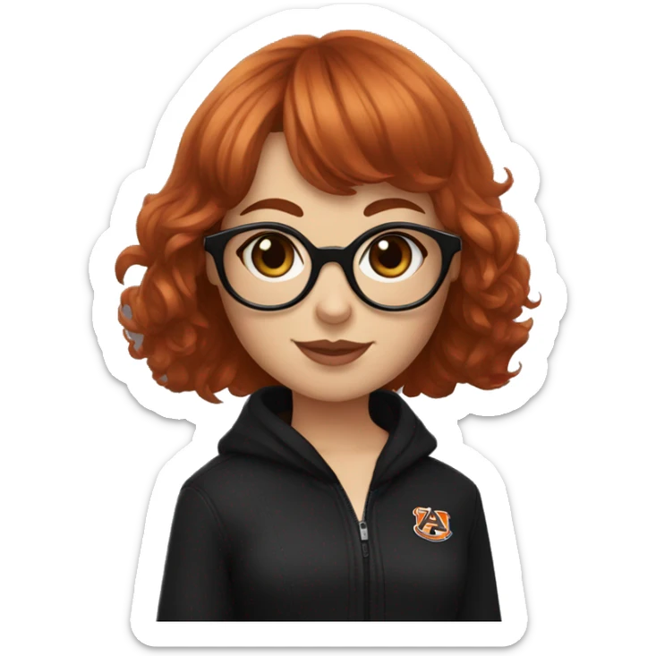 Auburn red-haired girl with bangs and short hair and black glasses and black clothes holding a Cavalier puppy sticker