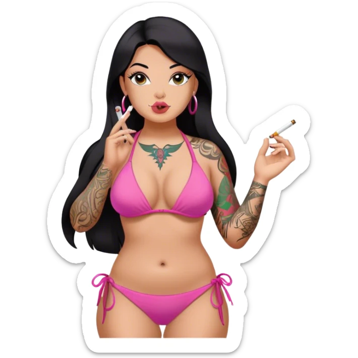 caucasian curvy girl, with tattoos, in pink bikini, smoking, with a long straight black hair  sticker