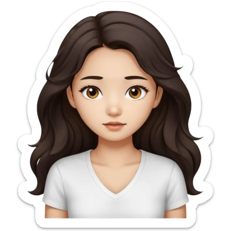 iOS style emoji. girl with very long dark brown wavy hair. And the eyes color is dark brown. And she is wearing white t shirt with V kneck. And she is 30. She is Asian with double eyelids  sticker