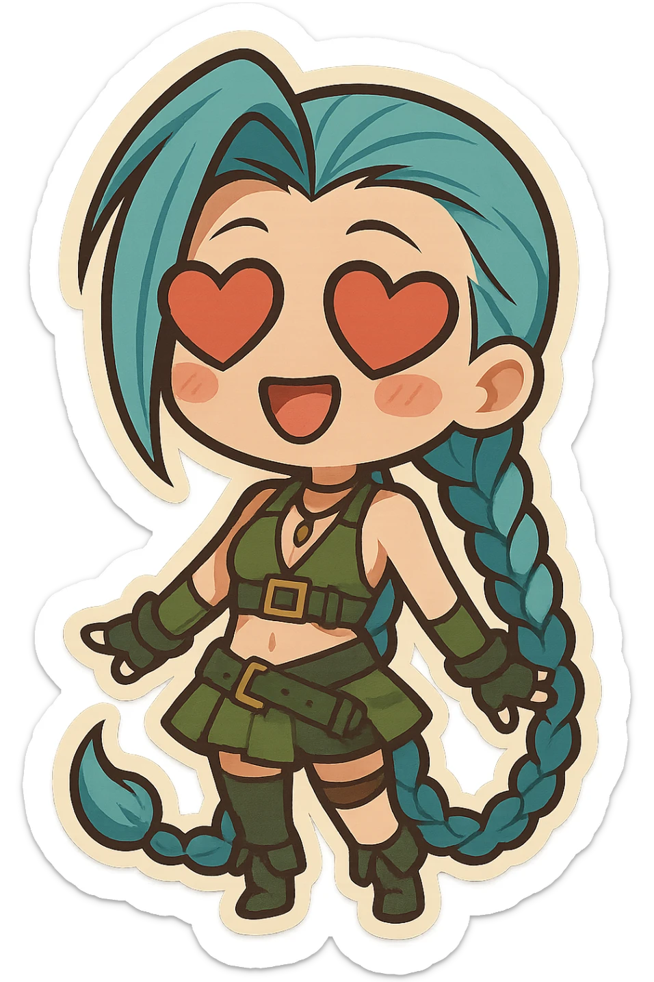 Jinx from League of Legends with heart-shaped eyes, chibi style, wearing a green outfit sticker