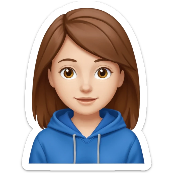 white female with brown hair wearing a blue hoodie, cheerful sticker