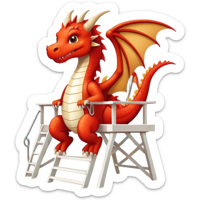 dragon in a white lifeguard uniform in the sun on the beach in a lifeguard stand sticker