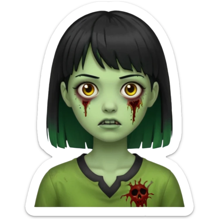 Emoji de uma garota zumbi com os cabelos longos, lisos e pretos. Ela usa uma franja curta. Pele verde  sticker