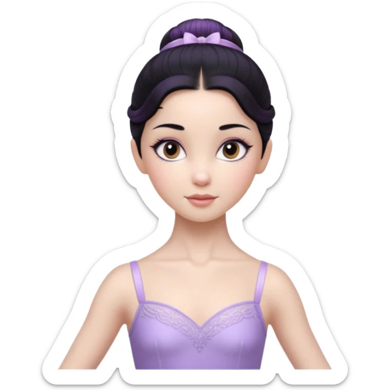 Cinematic Realistic ballerina Light Purple Portrait, depicted with lifelike skin texture, subtle rosy undertones, and soft natural lighting that enhances the gentle contours of her face. Her intricately detailed sweet black hair is elegantly styled, sticker