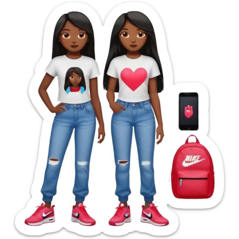 face girl with nails and cute make up black girl strait hair super long  top and slim body and baggy jeans and nike choes sticker