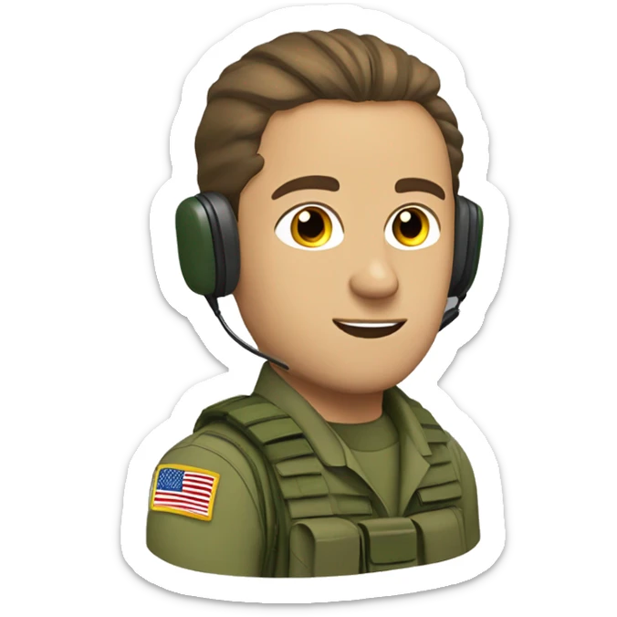 soldier with brown hair, undercut man bun, tactical headset, green military uniform sticker